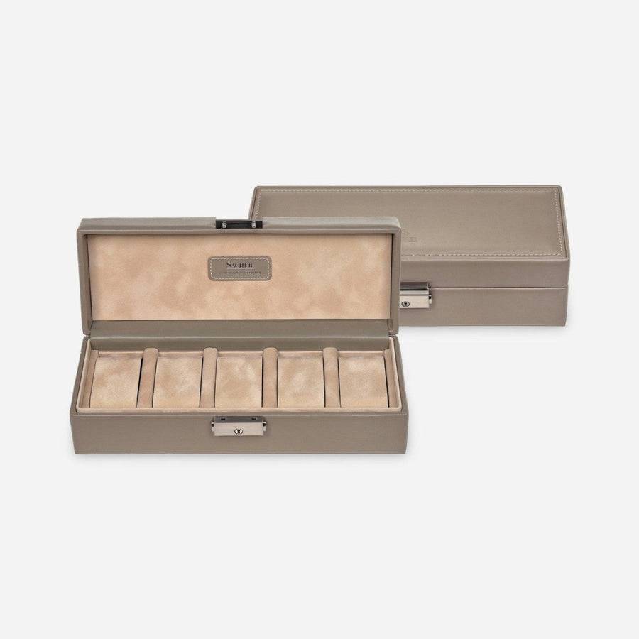 Sacher horlogedoos Leer 5 Horloges, taupe, open en gesloten voorkant