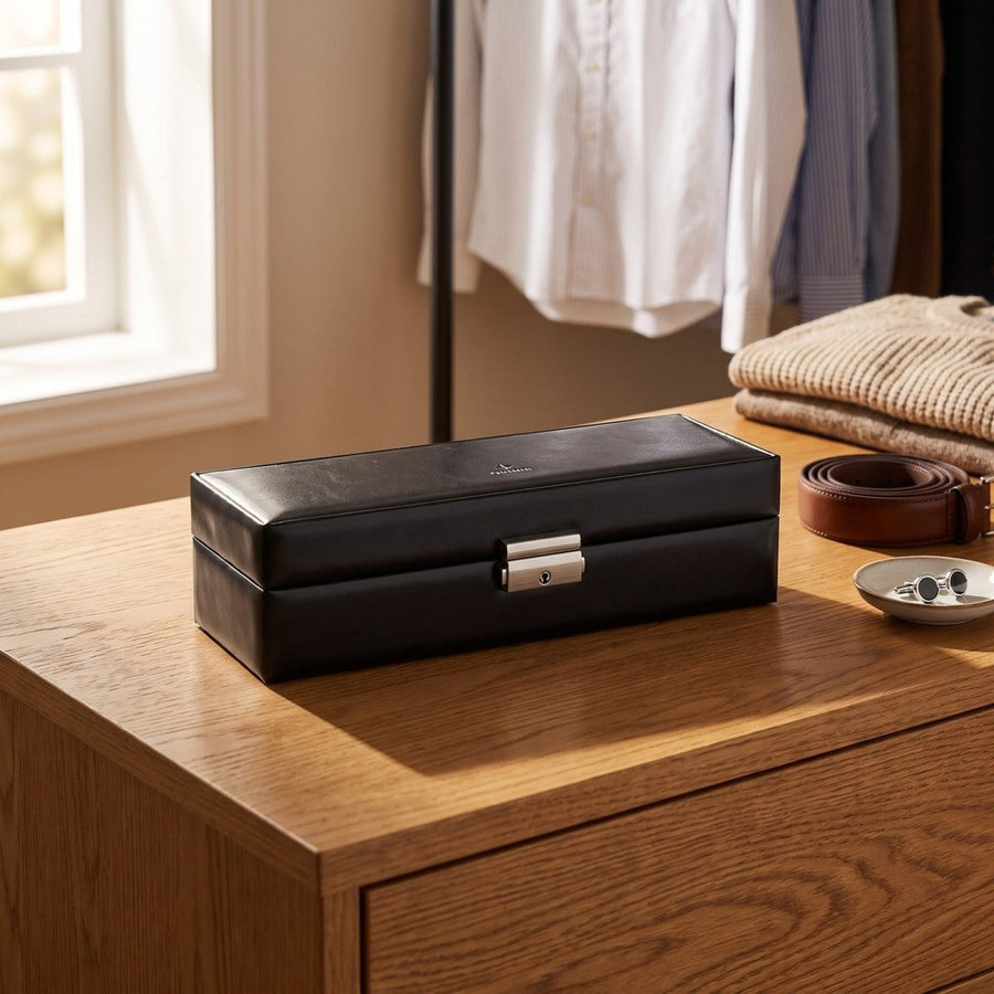 Sacher horlogedoos Leer 5 Horloges, zwart, lifestyle gesloten