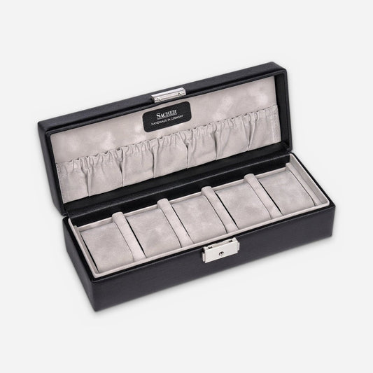 Sacher horlogedoos Leer 5 Horloges, zwart tamigi sport, open schuin