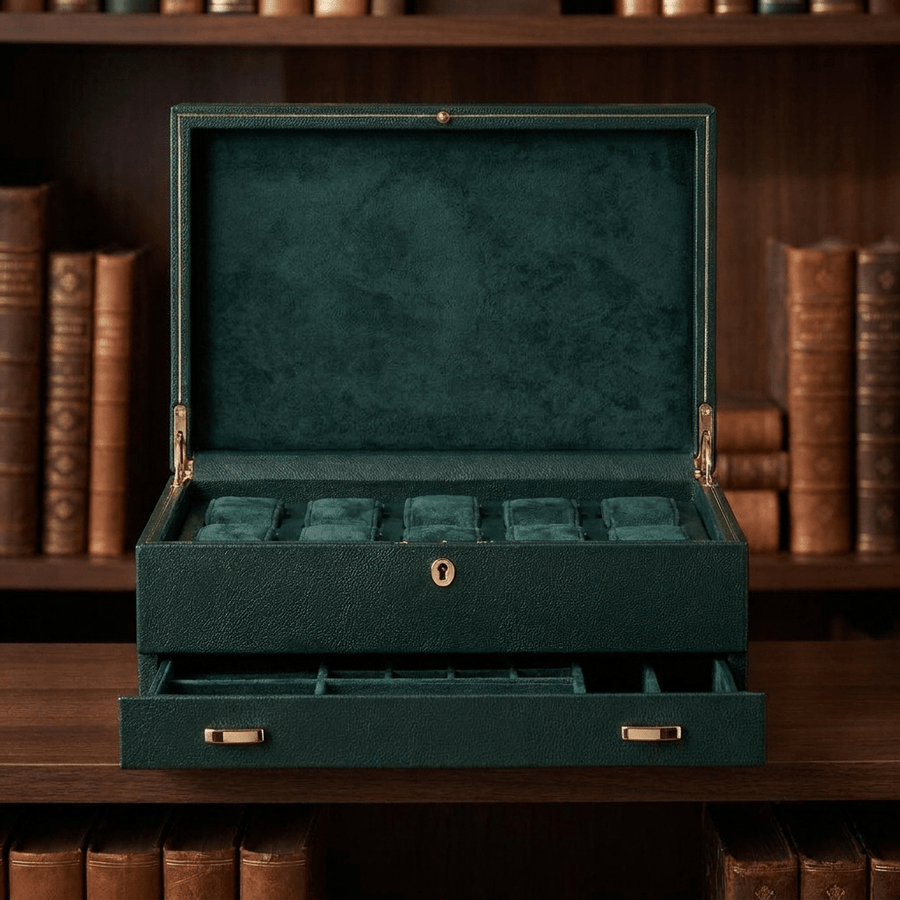 Wolf 1834 British Racing horlogedoos met lade 10 horloges Donkergroen - interieur