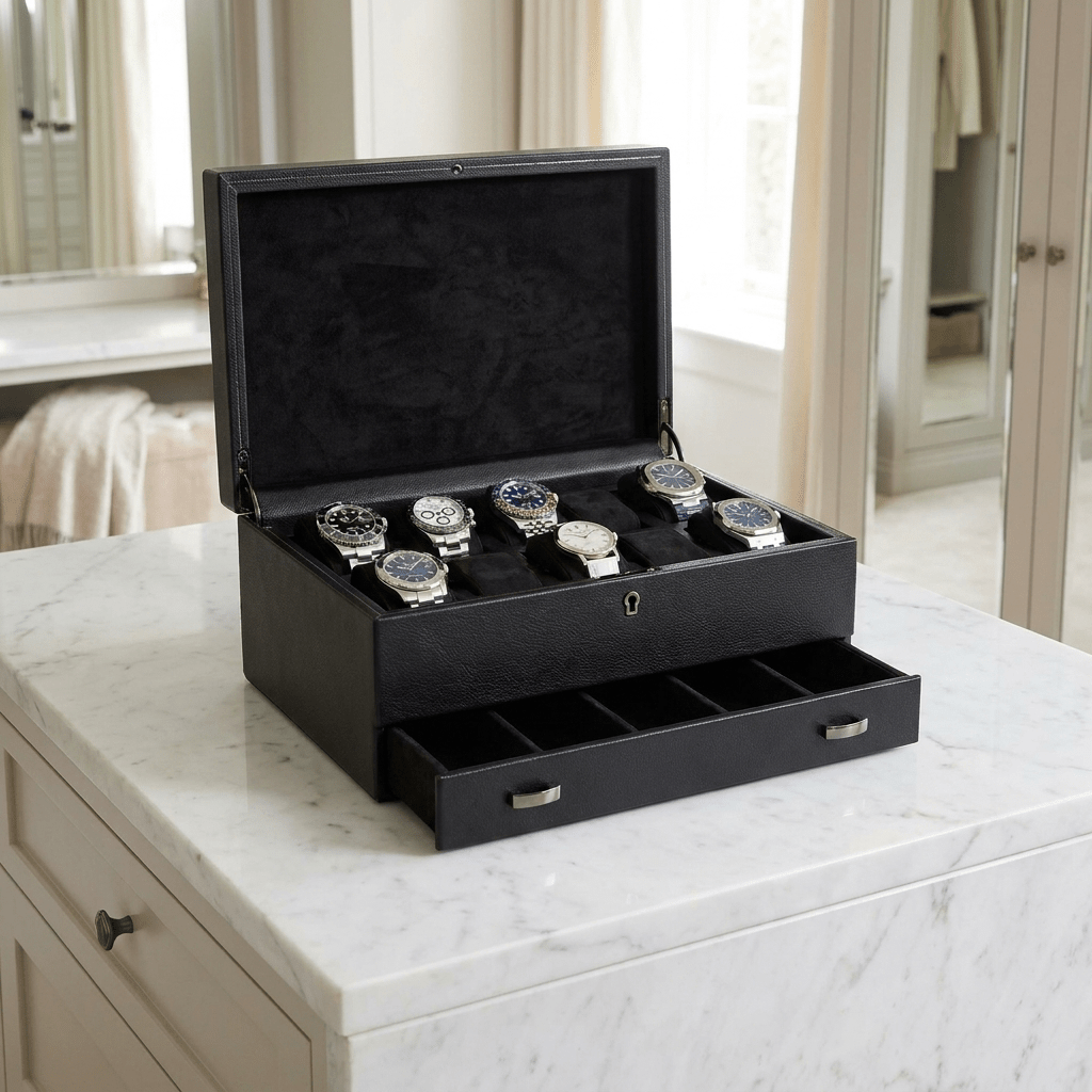 Wolf 1834 British Racing horlogedoos met lade 10 horloges Saphire Black - open met horloges