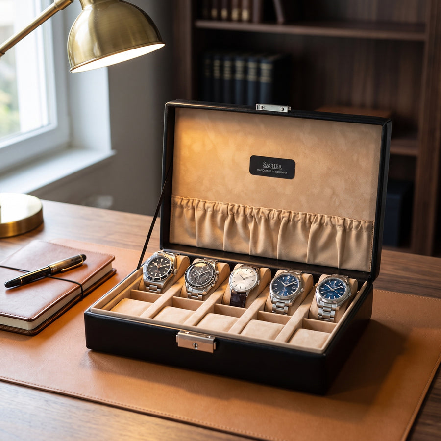 Horlogedoos New Classic 10 Horloges Sacher in zwart, lifestyle open