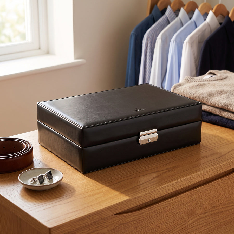 Horlogedoos New Classic 10 Horloges Sacher in zwart, lifestyle gesloten