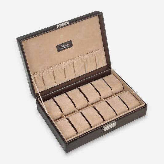 Horlogedoos New Classic 12 Horloges Sacher in mokka, open schuin