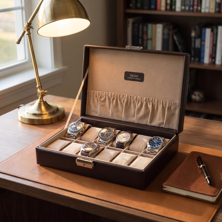 Horlogedoos New Classic 12 Horloges Sacher in mokka, lifestyle open