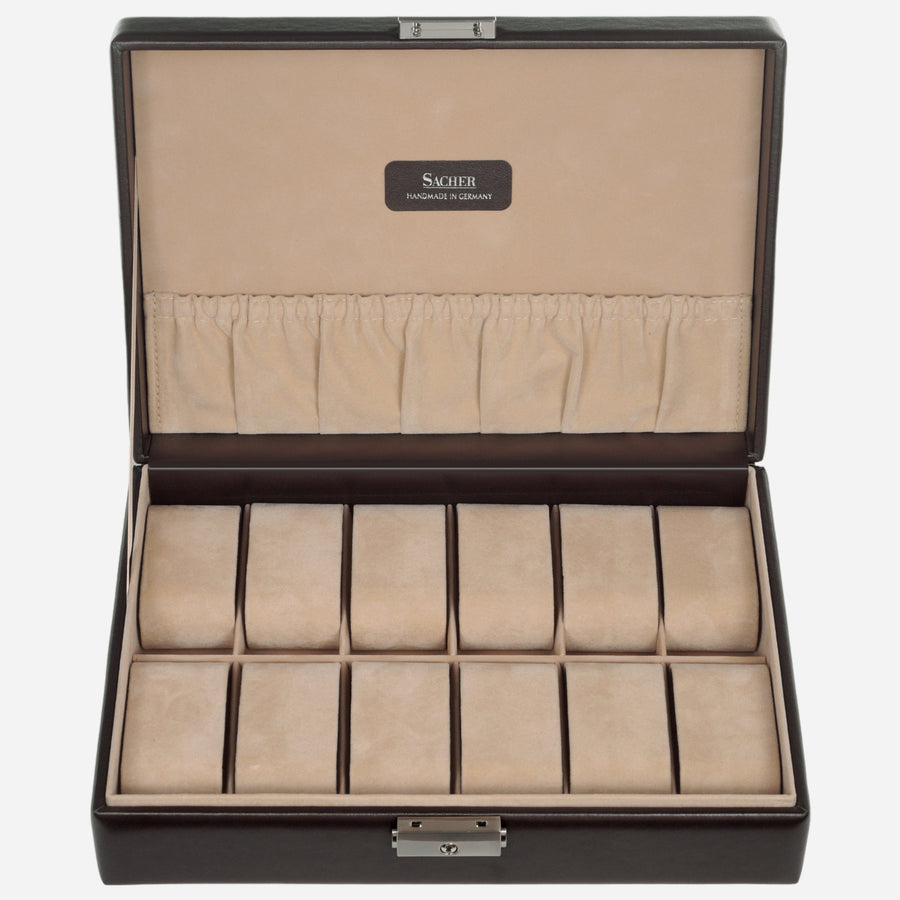 Horlogedoos New Classic 12 Horloges Sacher in mokka, open