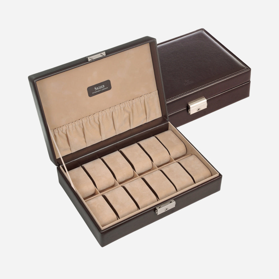 Horlogedoos New Classic 12 Horloges Sacher in mokka, open en gesloten