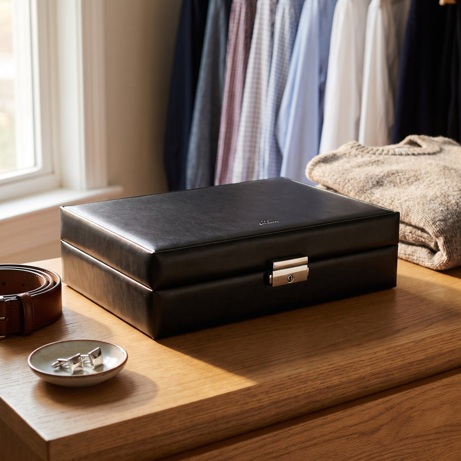 Horlogedoos New Classic 12 Horloges Sacher in zwart, lifestyle gesloten