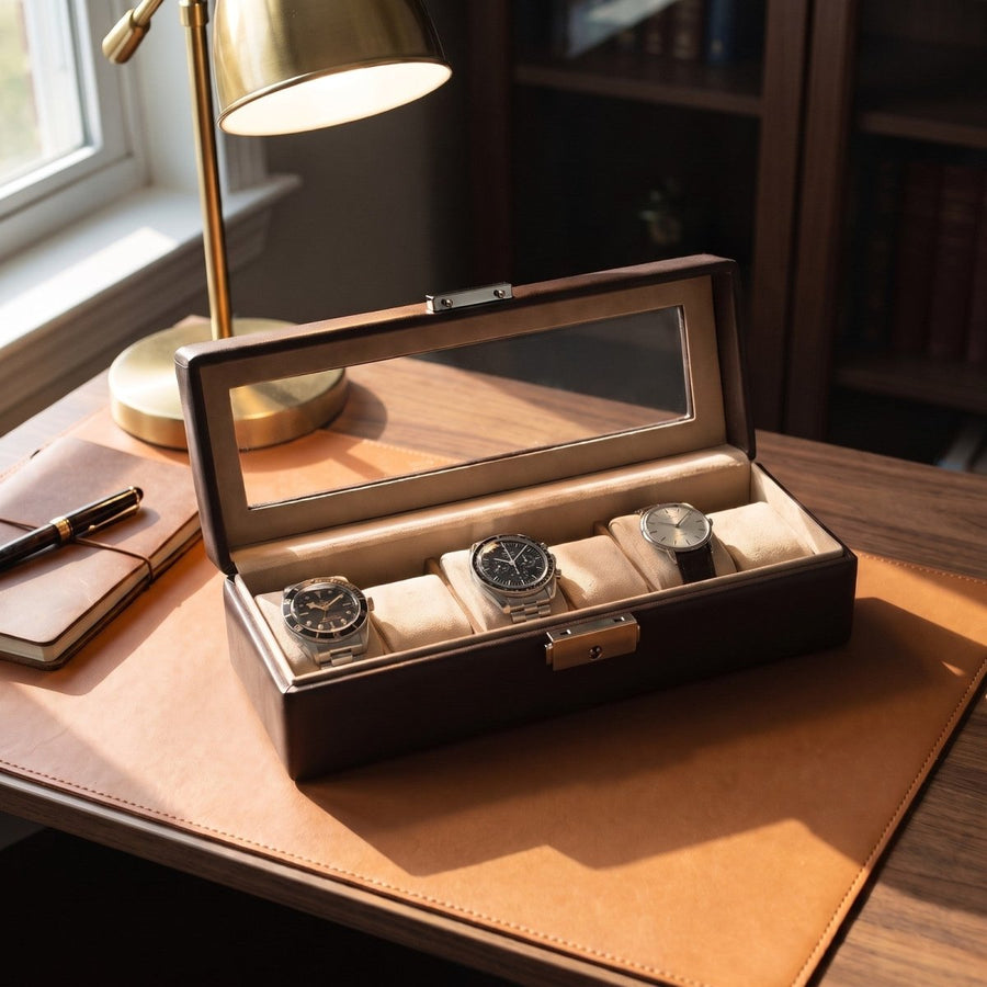 Sacher horlogedoos New Classic 6 Horloges met Venster, mokka, lifestyle open