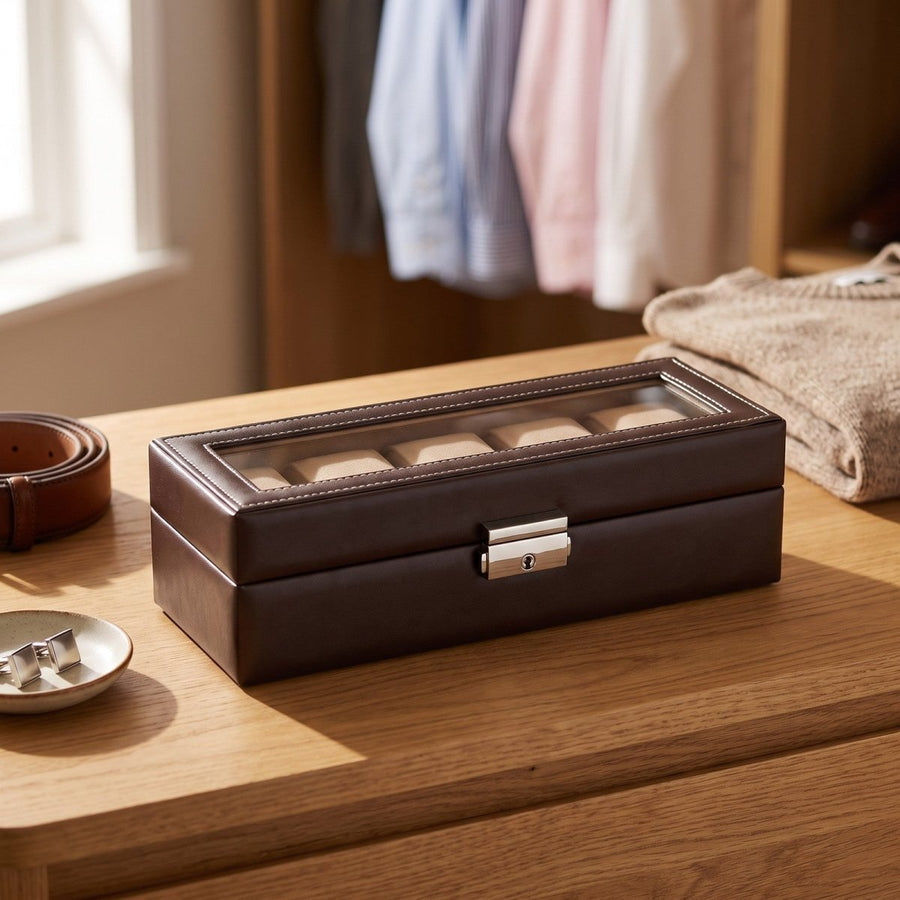 Sacher horlogedoos New Classic 6 Horloges met Venster, mokka, lifestyle gesloten