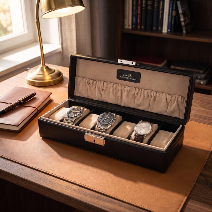 Sacher horlogedoos New Classic Leer 6 Horloges, zwart, lifestyle open