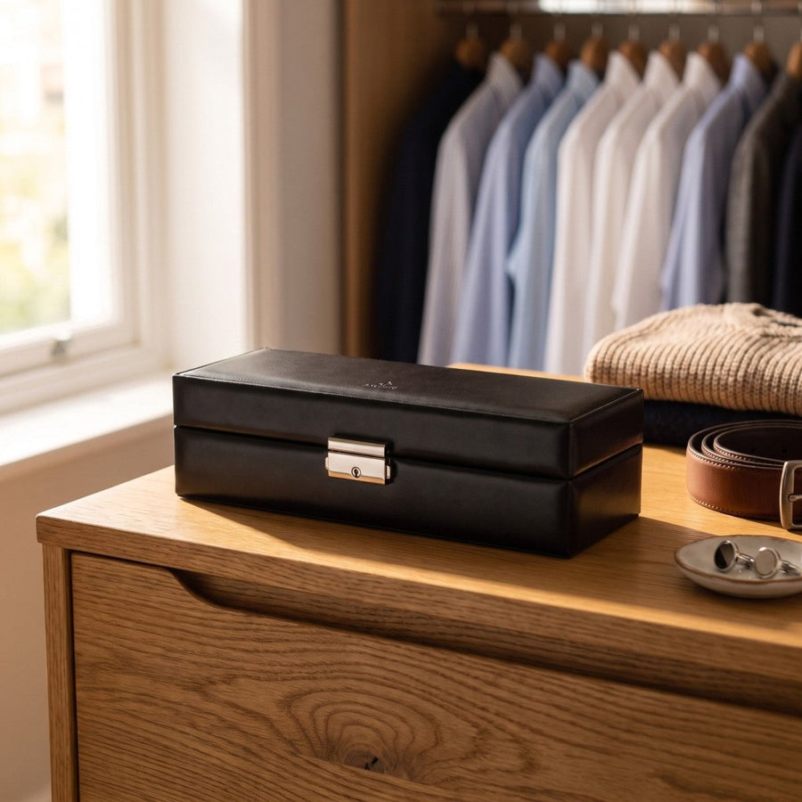 Sacher horlogedoos New Classic Leer 6 Horloges, zwart, lifestyle gesloten