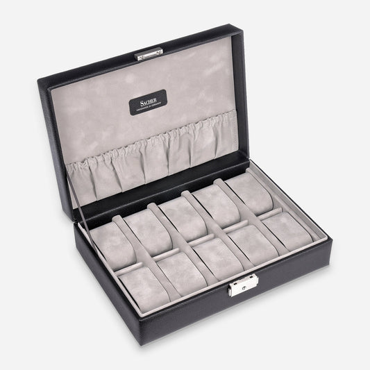 Horlogedoos Tamigi Sport 10 Horloges Sacher in zwart, open schuin