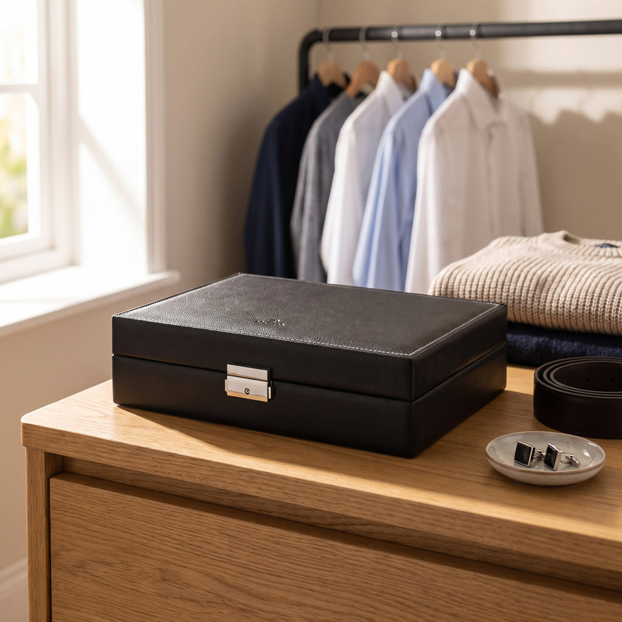 Horlogedoos Tamigi Sport 10 Horloges Sacher in zwart, lifestyle gesloten