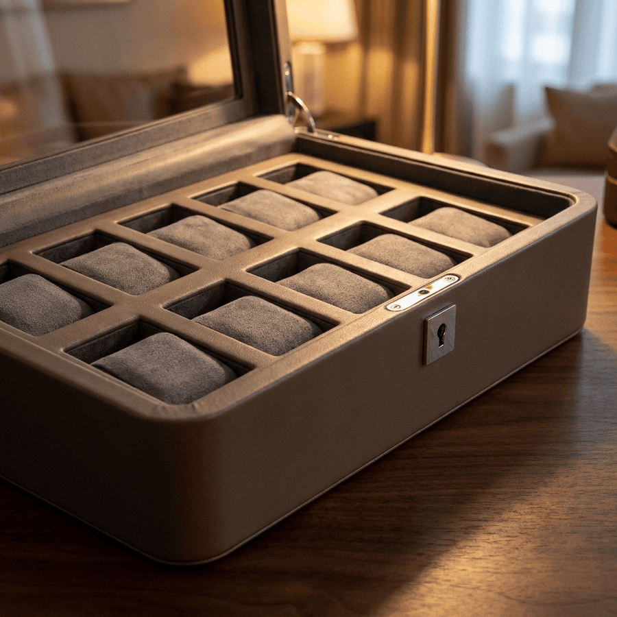 Windrose Tempora horlogedoos 12 horloges Taupe detail-interieur