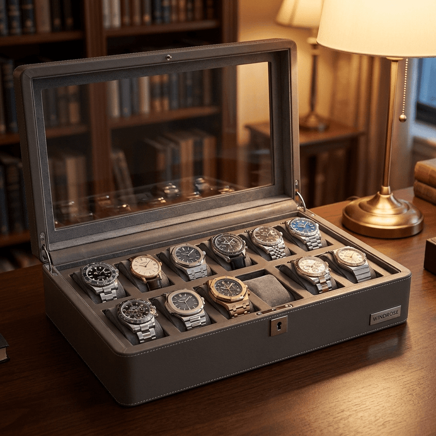 Windrose Tempora horlogedoos 12 horloges Taupe open-met-horloges