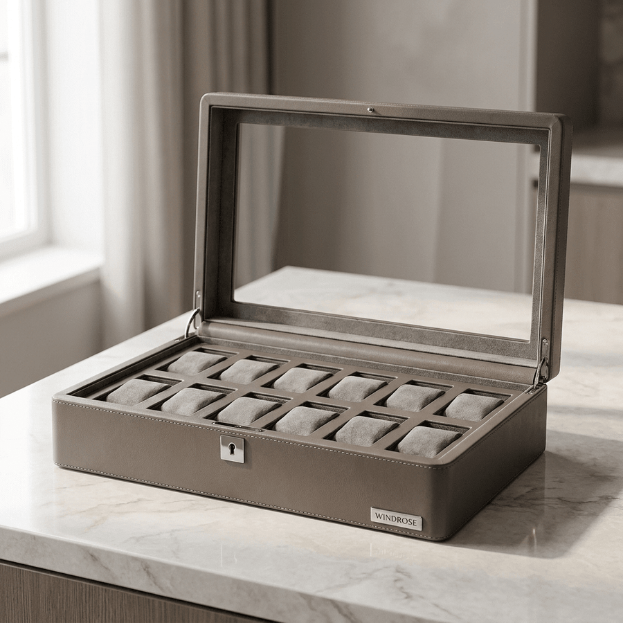 Windrose Tempora horlogedoos 12 horloges Taupe open-zonder-horloges