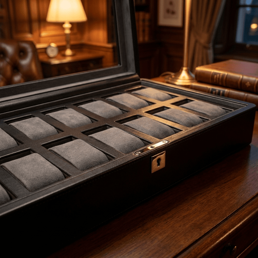 Windrose Tempora horlogedoos 12 horloges Zwart detail-interieur