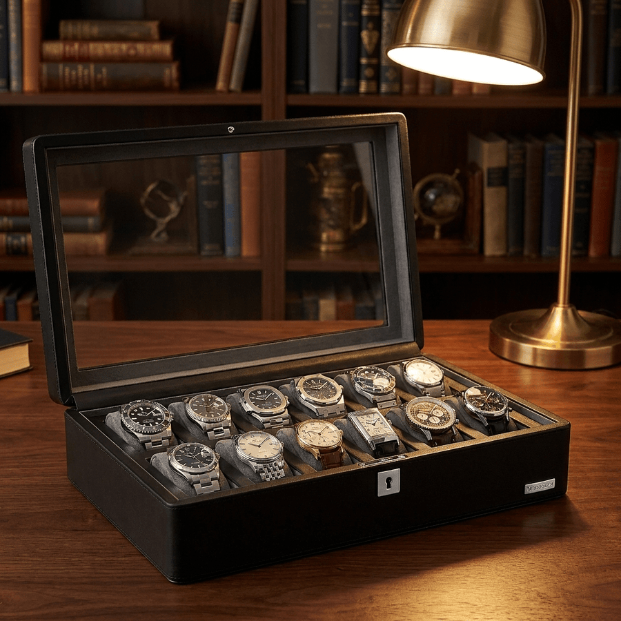 Windrose Tempora horlogedoos 12 horloges Zwart open-met-horloges