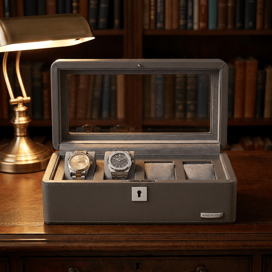 Windrose Tempora horlogedoos 4 horloges Taupe open-met-horloges