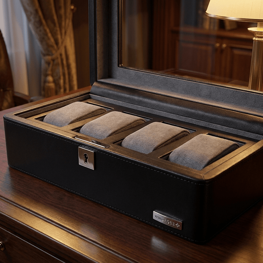 Windrose Tempora horlogedoos 4 horloges Zwart detail-interieur