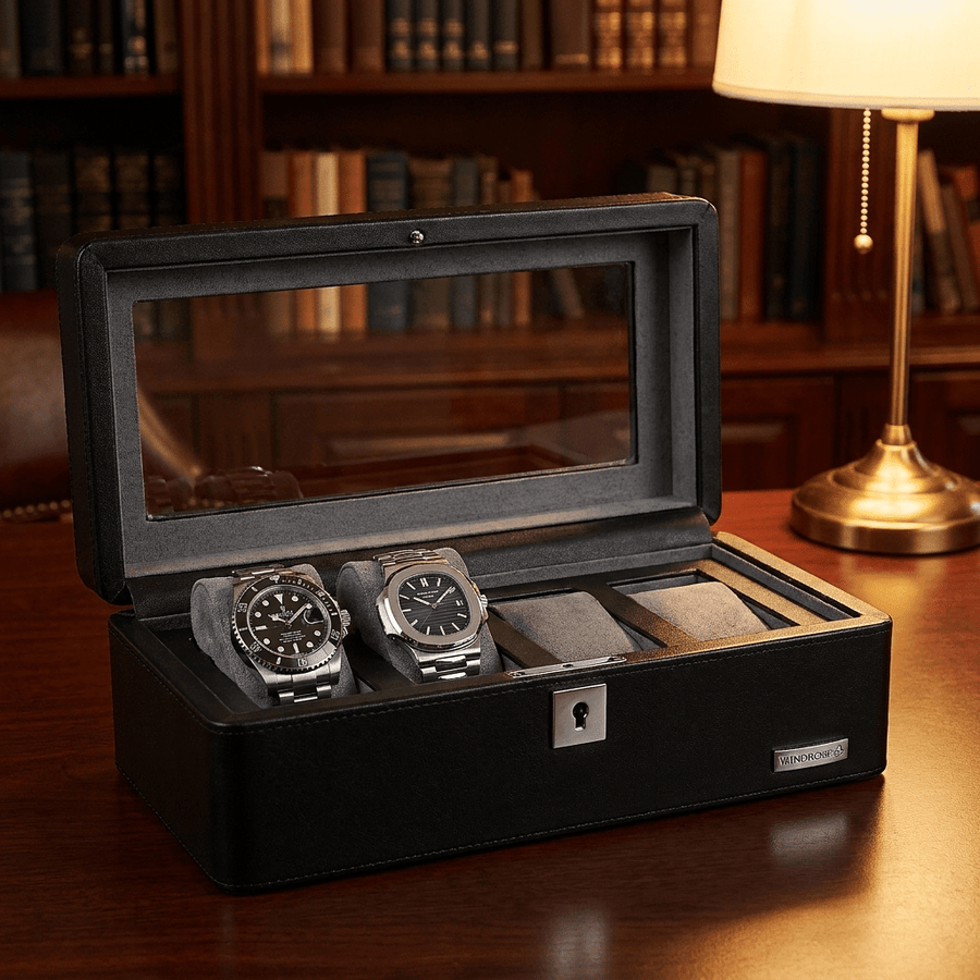 Windrose Tempora horlogedoos 4 horloges Zwart open-met-horloges