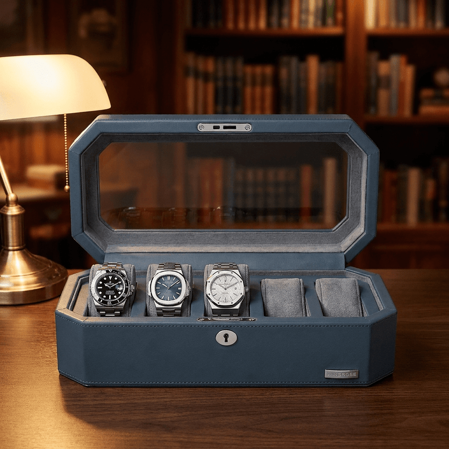 Windrose Tempora horlogedoos 5 horloges petrol blauw open-met-horloges