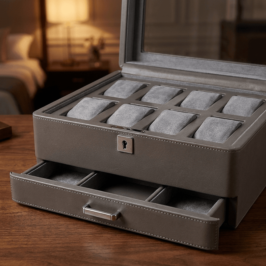 Windrose Tempora horlogedoos 8 horloges Taupe detail-interieur