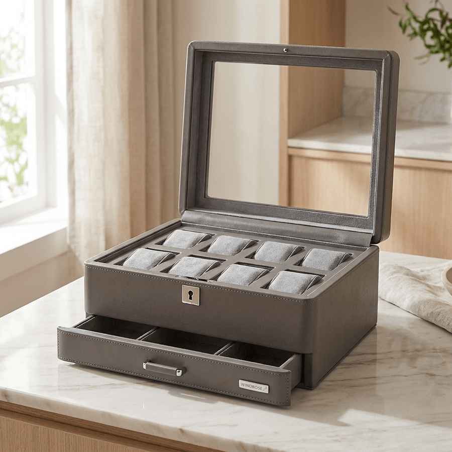 Windrose Tempora horlogedoos 8 horloges Taupe open-zonder-horloges