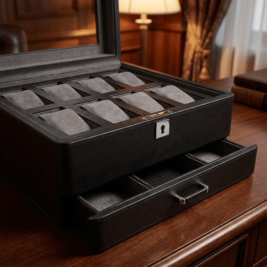 Windrose Tempora horlogedoos 8 horloges Zwart detail-interieur