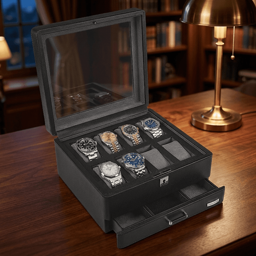 Windrose Tempora horlogedoos 8 horloges Zwart open-met-horloges