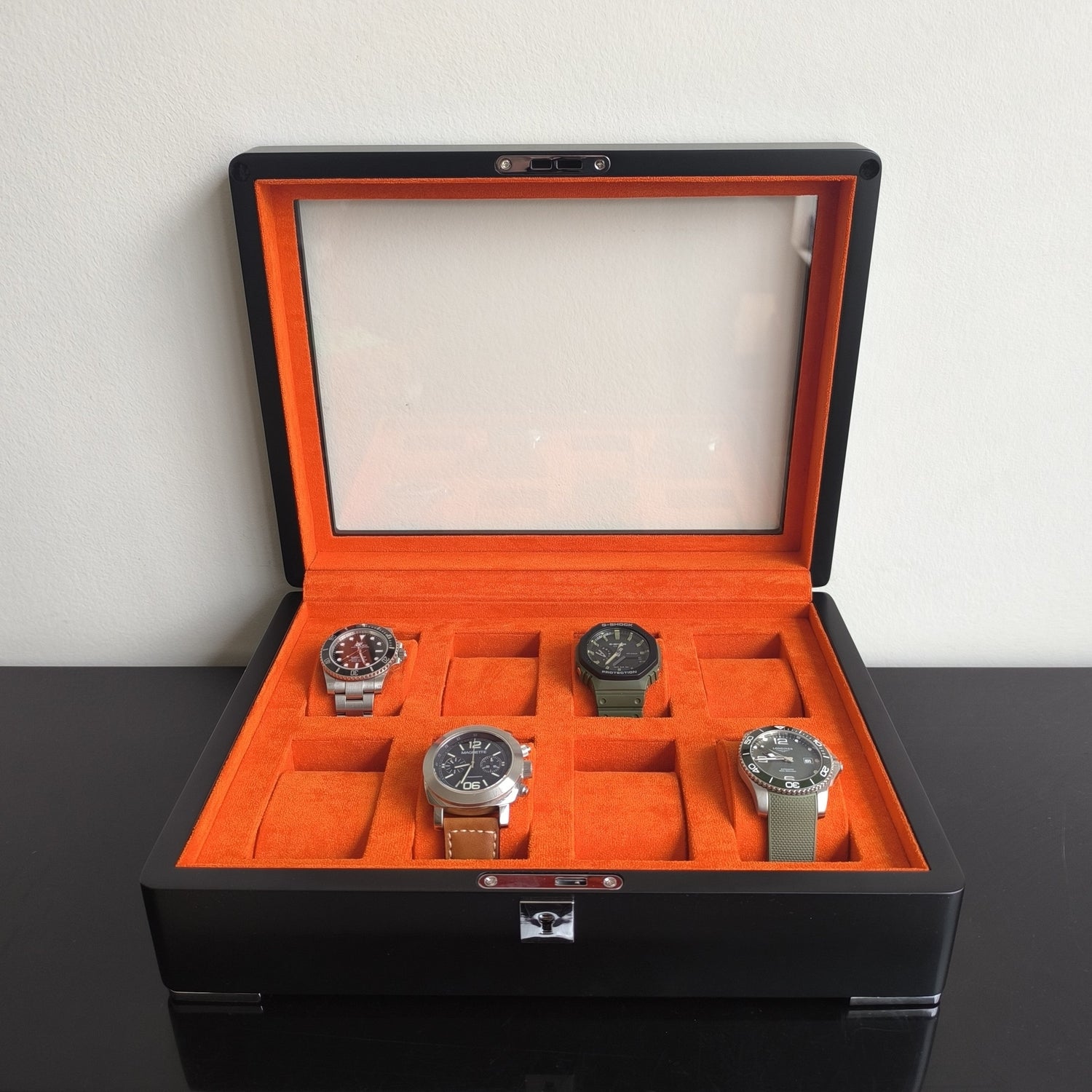 Horlogedoos Zwart Hout met Suede 8 Horloges - Horlogerieshop.nl