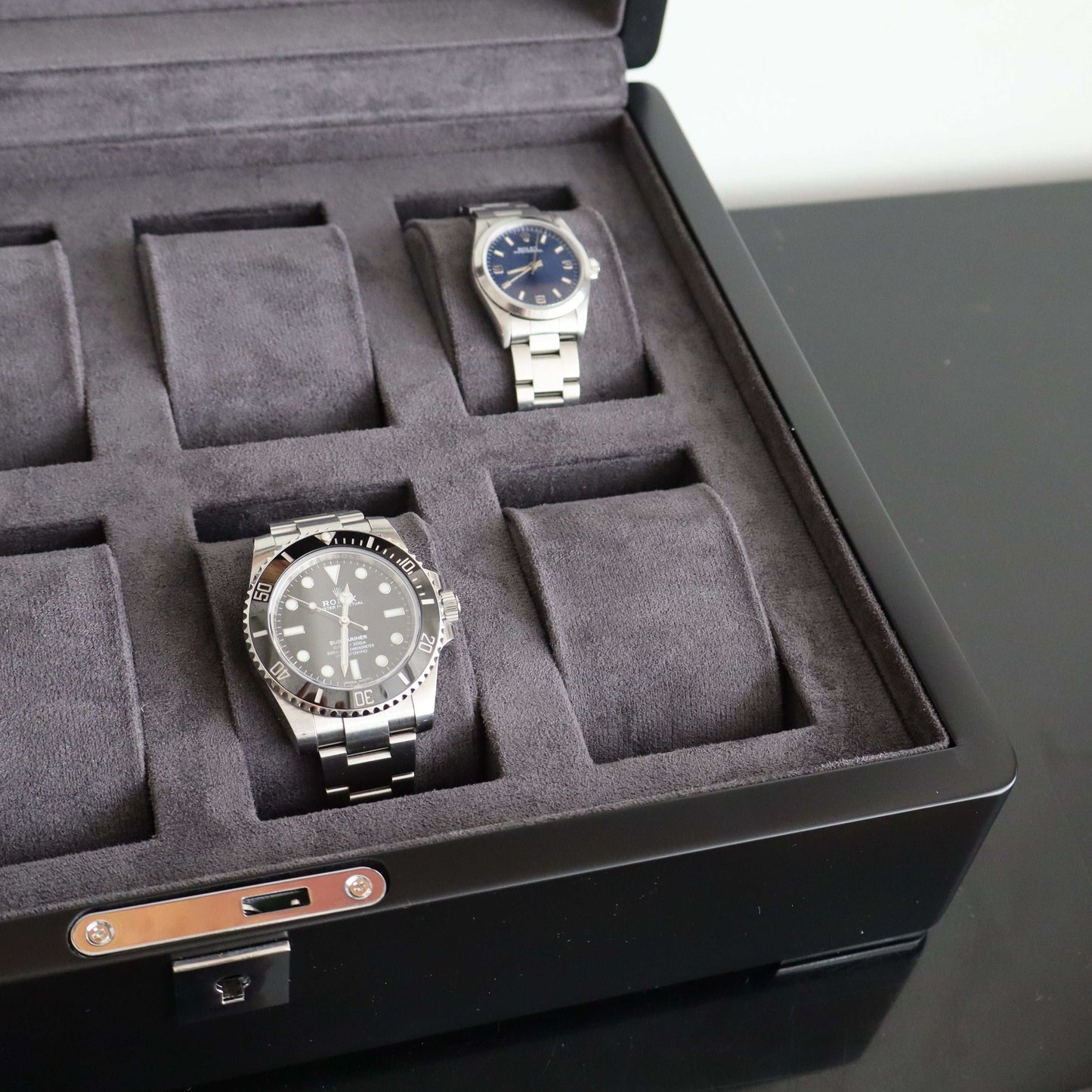 Horlogedoos Zwart Hout met Suede 8 Horloges - Horlogerieshop.nl