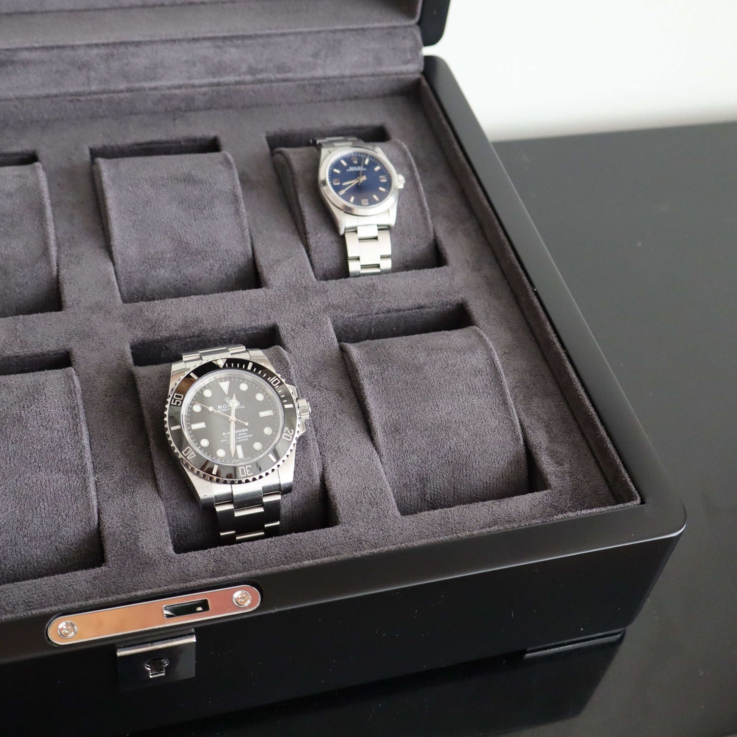 Horlogedoos Zwart Hout met Suede 8 Horloges - Horlogerieshop.nl