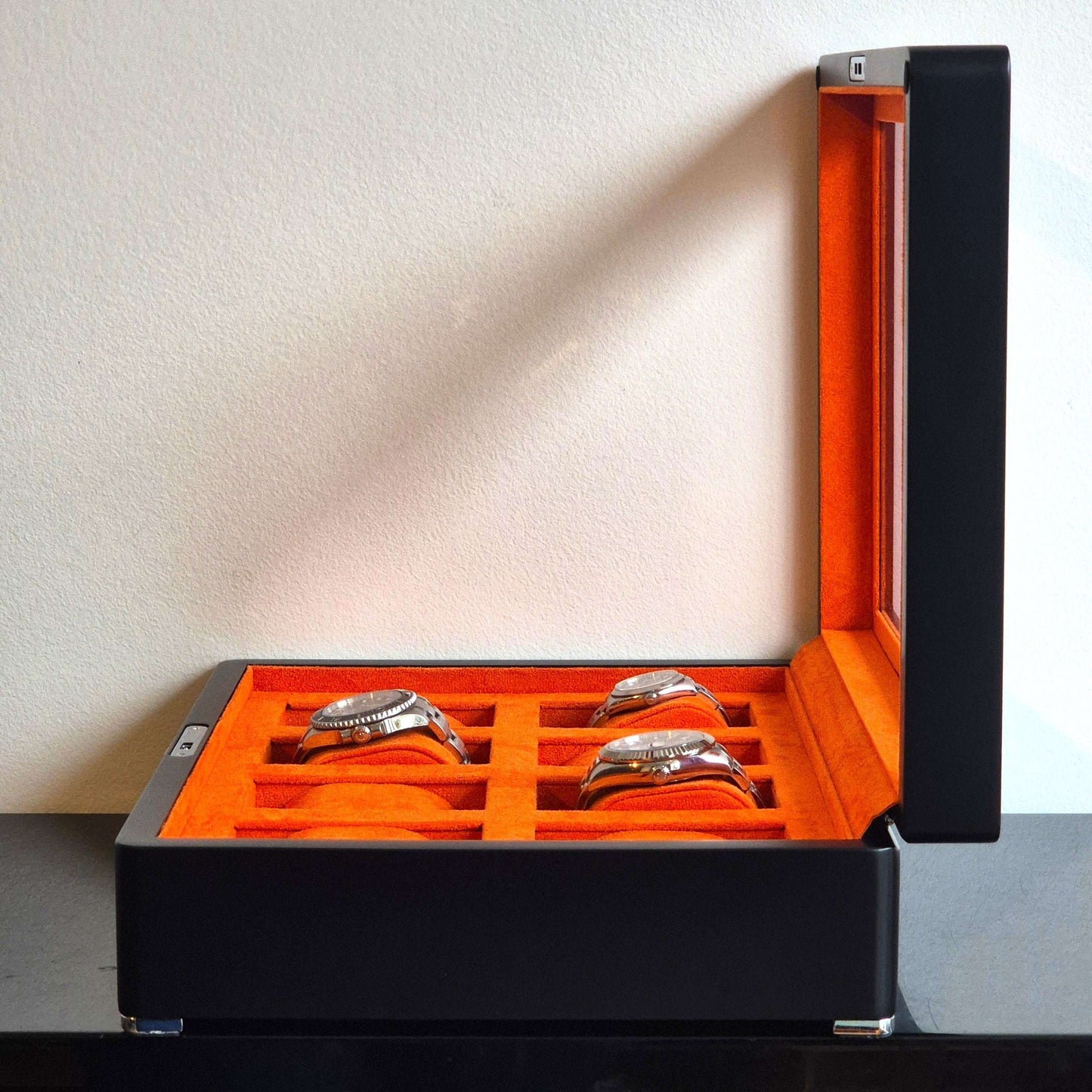 Horlogedoos Zwart Hout met Suede 8 Horloges - Horlogerieshop.nl