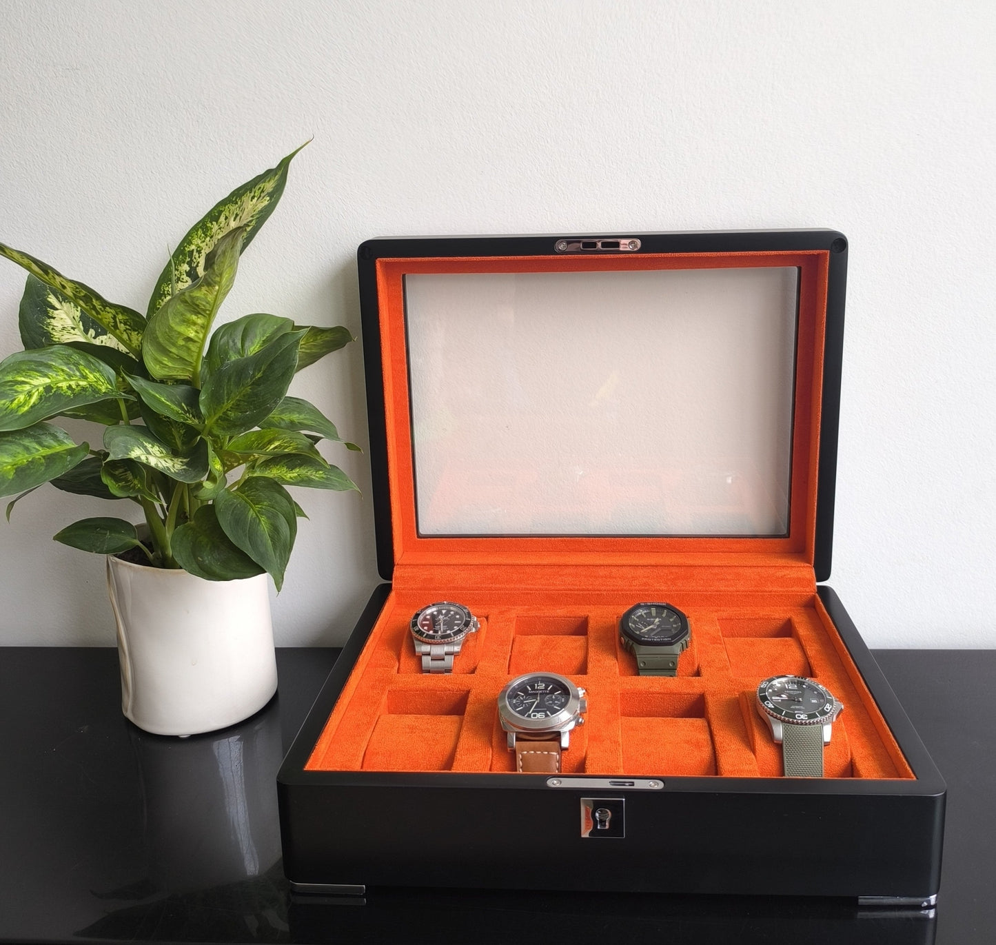 Horlogedoos Zwart Hout met Suede 8 Horloges - Horlogerieshop.nl