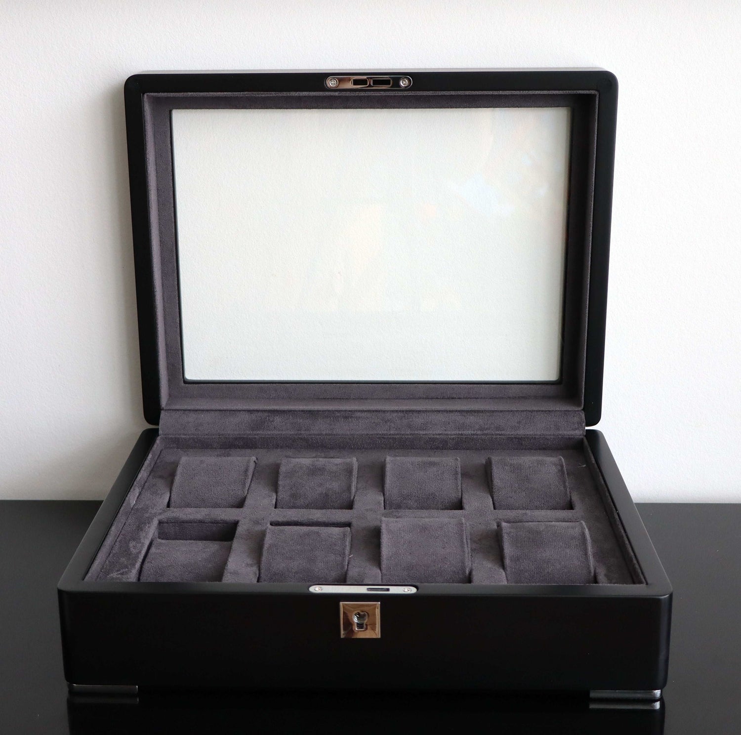 Horlogedoos Zwart Hout met Suede 8 Horloges - Horlogerieshop.nl