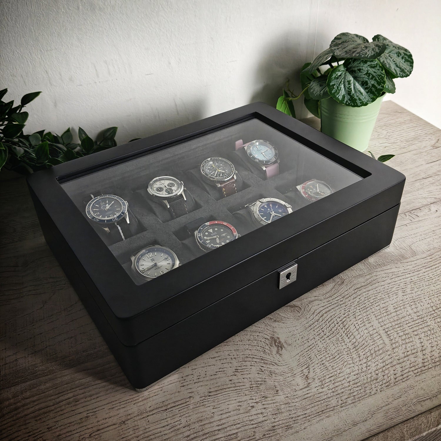 Horlogedoos Zwart Hout met Suede 8 Horloges - Horlogerieshop.nl