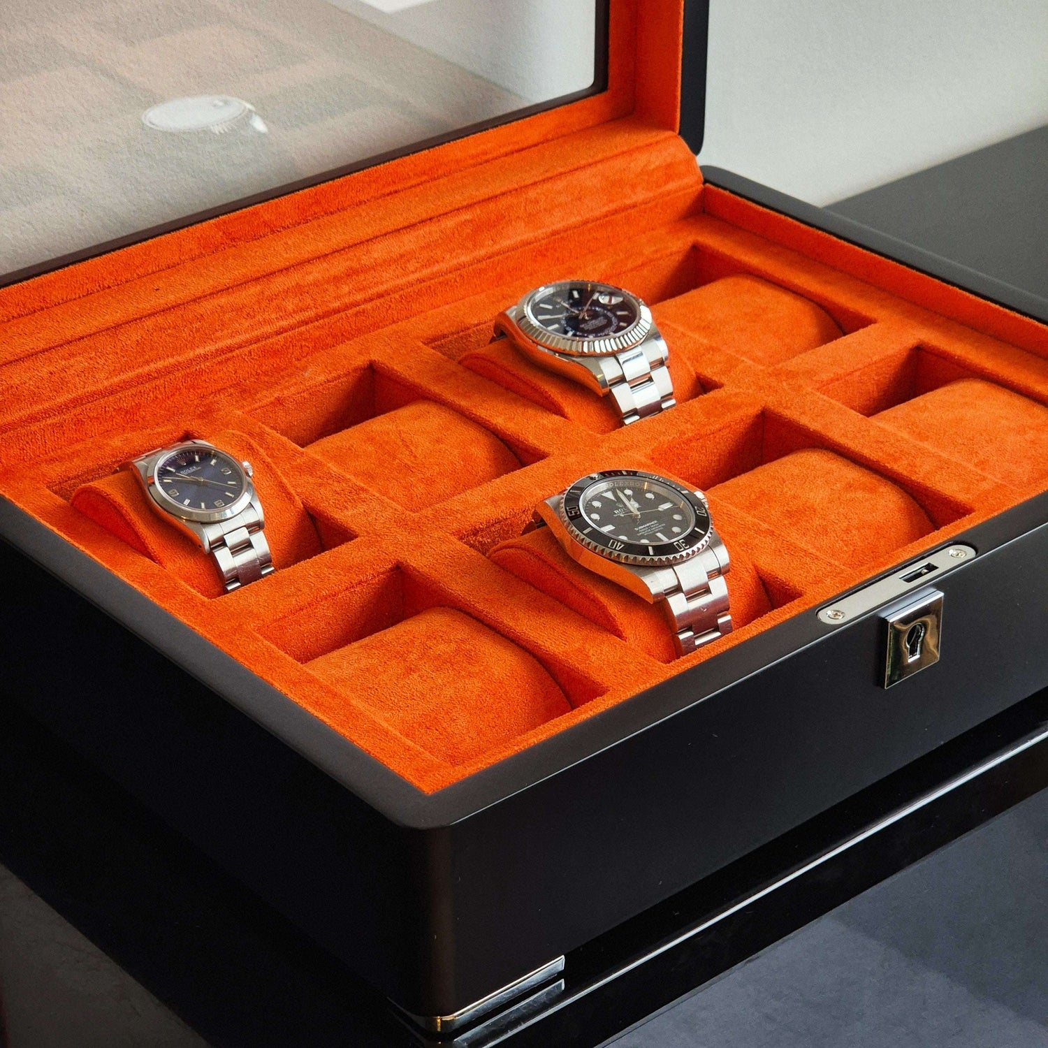 Horlogedoos Zwart Hout met Suede 8 Horloges - Horlogerieshop.nl