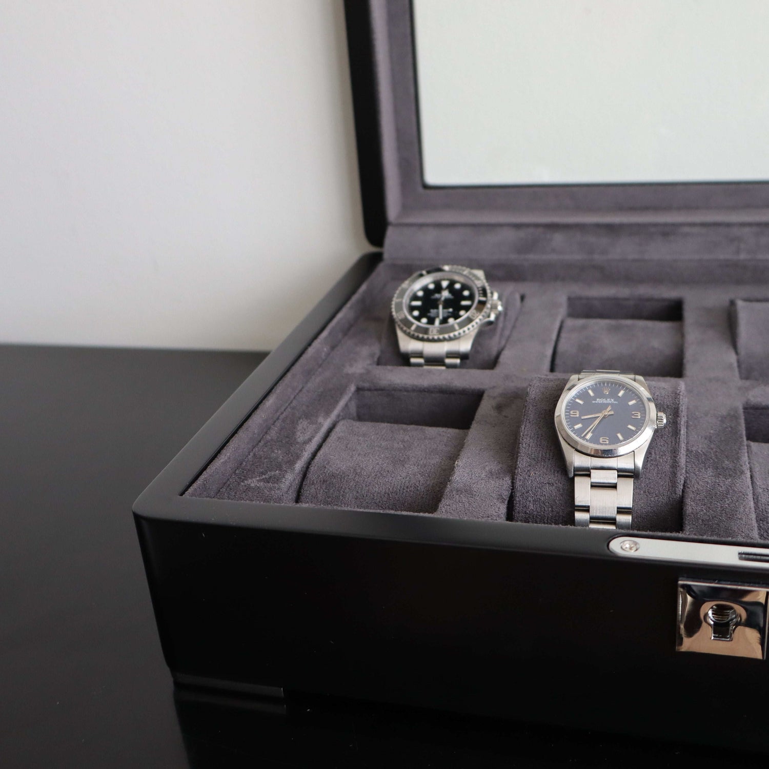 Horlogedoos Zwart Hout met Suede 8 Horloges - Horlogerieshop.nl