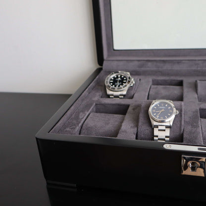 Horlogedoos Zwart Hout met Suede 8 Horloges - Horlogerieshop.nl
