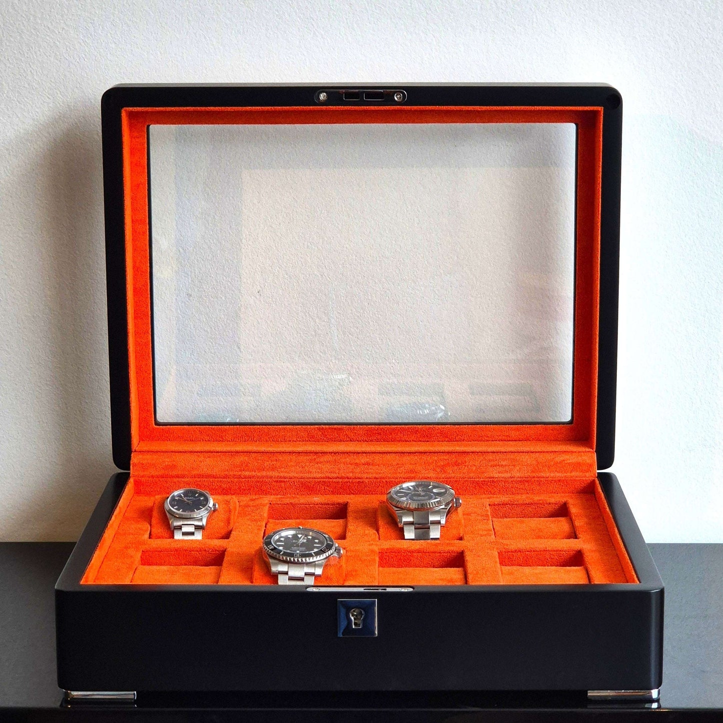 Horlogedoos Zwart Hout met Suede 8 Horloges - Horlogerieshop.nl