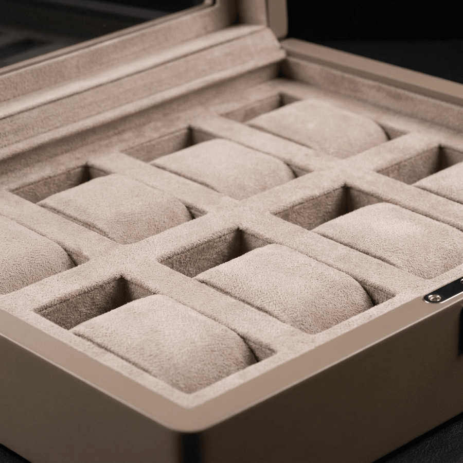 Ashford & Rye horlogedoos zwart hout met suede 8 horloges Beige - interieur detail