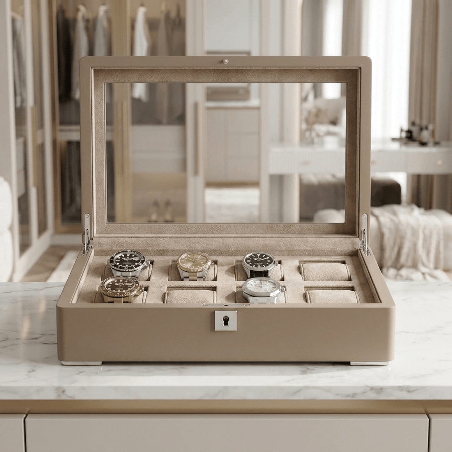 Ashford & Rye horlogedoos zwart hout met suede 8 horloges Beige - open met horloges
