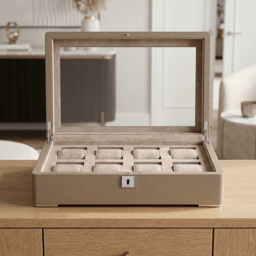 Ashford & Rye horlogedoos zwart hout met suede 8 horloges Beige - open zonder horloges