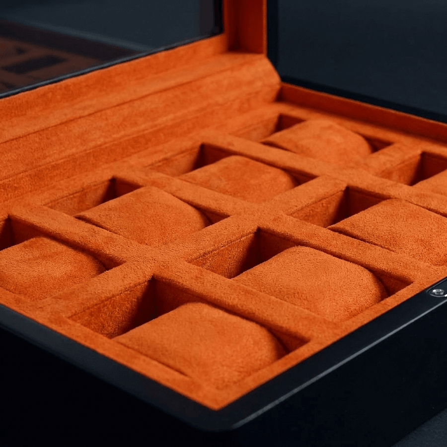 Ashford & Rye horlogedoos zwart hout met suede 8 horloges Zwart/oranje - interieur detail