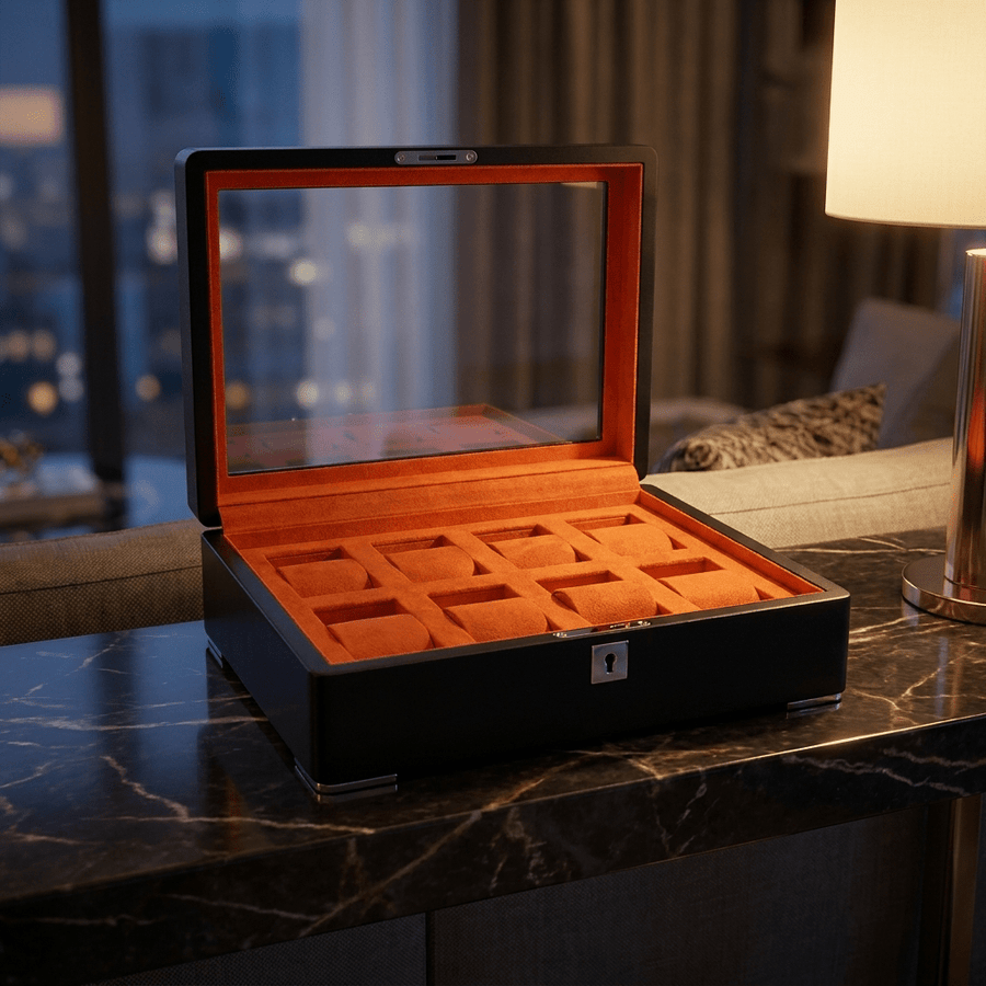 Ashford & Rye horlogedoos zwart hout met suede 8 horloges Zwart/oranje - open zonder horloges