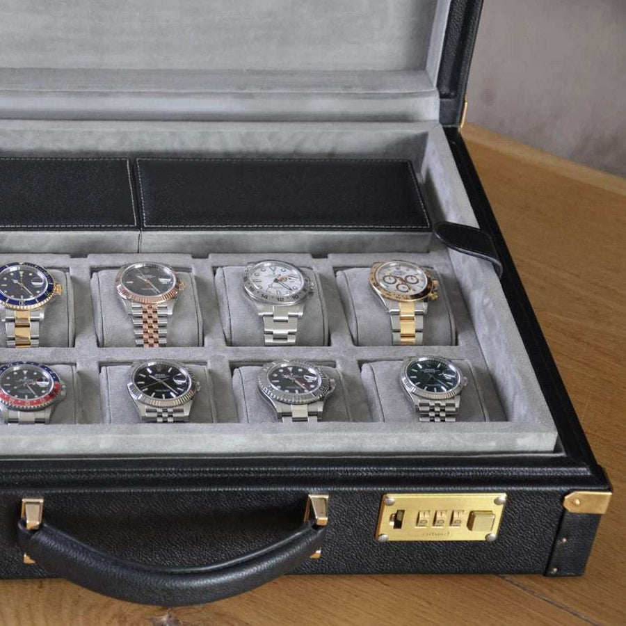 Horlogedoos Zwart kalfsleder/Grijs Suede 15 horloges Old Fashioned Luxury - Horlogerieshop.nl
