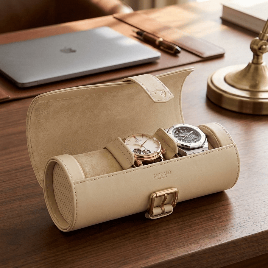 Modalo GENIUS horlogerol leder Beige - lifestyle open met horloges