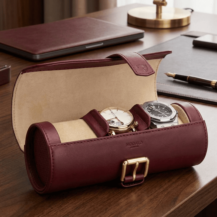 Modalo GENIUS horlogerol leder Bordeaux rood - lifestyle open met horloges
